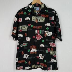 AFTCO Bluewater S/S Button Shirt Men Medium Black Money Poker Dollar AOP Novelty